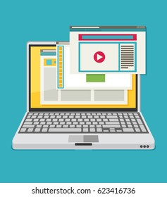 Laptop with open browser. Flat vector.
