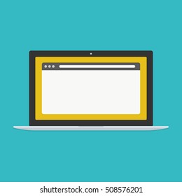 Laptop with with open browser isolated on background. Laptop with open browser vector mockup. Flat icon