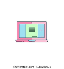 Laptop with open document flat color line icon on isolated background. 