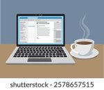 Laptop with an open email application and a cup with coffe. Simplified flat style. Vector Illustration