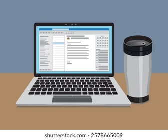 Laptop with an open email application and a insulated travel mug. Simplified flat style. Vector Illustration