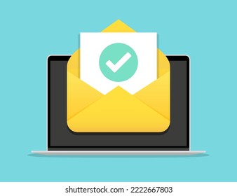 Laptop With Open Email Message With Tick In A Flat Design