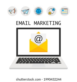 Portátil con correo electrónico abierto en pantalla. Marketing por correo electrónico, conceptos de publicidad en Internet. Juego de iconos. Ilustración vectorial.