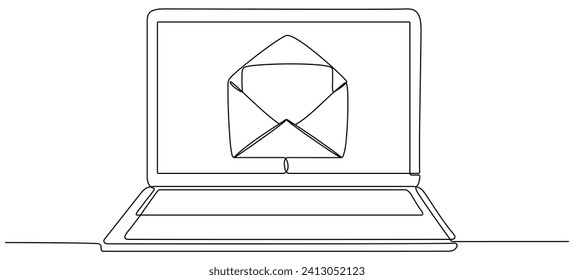 Laptop with open envelope continuous line drawing. Send message concept. Vector illustration isolated on white.