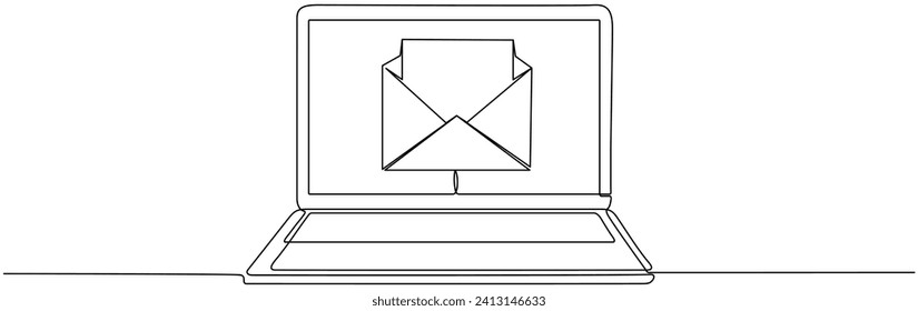 Laptop mit offenem Umschlag, durchgehende Linienzeichnung. Senden Sie ein Nachrichtenkonzept. Vektorgrafik einzeln auf Weiß.
