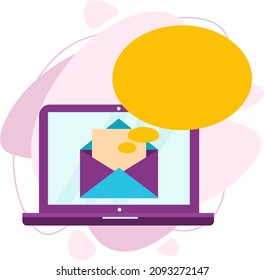 A laptop with an open envelope and a document on the screen. Receive notifications, warning messages, warnings. A cloud of thoughts from an open letter.