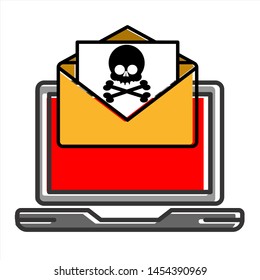Laptop with open envelope and skull on the screen. Concept of virus, piracy, hacking and security. Flat vector illustration.