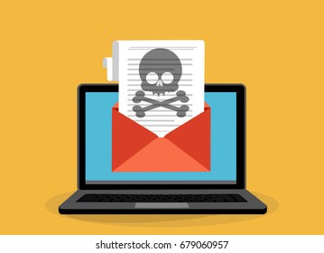 Laptop with  open envelope and skull on the screen. Concept of virus, piracy, hacking and security. Flat vector illustration.