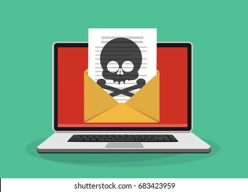 Laptop with open envelope and skull on the screen. Concept of virus, piracy, hacking and security. Flat vector illustration.