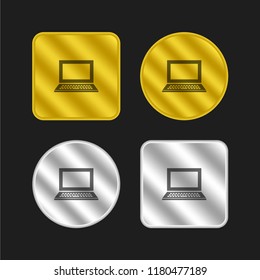 Laptop open frontal view with buttons and blank screen gold and silver metallic coin logo icon design