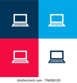 Laptop open frontal view with buttons and blank screen four color material and minimal icon logo set in red and blue