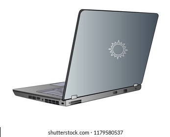 A laptop. Open gray, silvery laptop rear view. Linear picture with a gradient