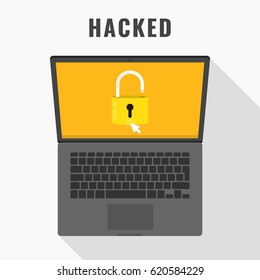 Laptop with open lock on the screen. Concept of virus, piracy, hacking and security. Flat vector illustration.