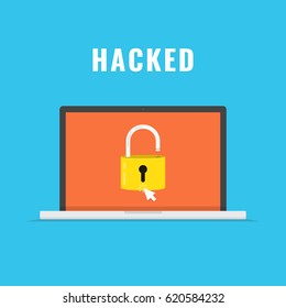 Laptop with open lock on the screen. Concept of virus, piracy, hacking and security. Flat vector illustration.