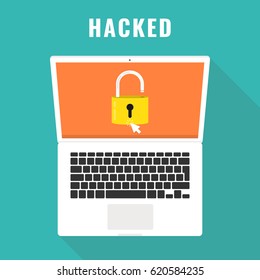Laptop with open lock on the screen. Concept of virus, piracy, hacking and security. Flat vector illustration.