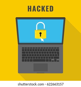 Laptop with open lock on the screen. Concept of virus, piracy, hacking and security. Flat vector illustration.