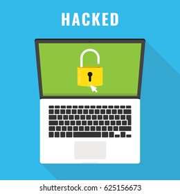 Laptop with open lock on the screen. Concept of virus, piracy, hacking and security. Flat vector illustration.