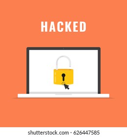 Laptop with open lock on the screen. Concept of virus, piracy, hacking and security. Flat vector illustration.