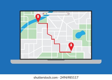 A laptop with an open map, a route, and location icons on the screen. Plan routes or navigate.