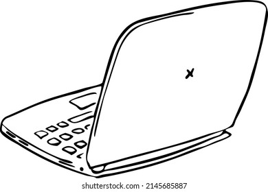 Laptop, open pc computer for remote work at home office, business or study. Modern internet technology. Hand drawn  retro vintage isolated illustration. Old style comic cartoon line vector drawing.
