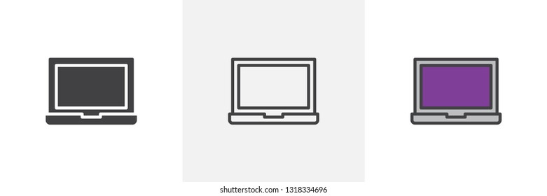 Laptop open position icon. Line, glyph and filled outline colorful version, blank laptop screen outline and filled vector sign. Symbol, logo illustration. Different style icons set. Pixel perfect 