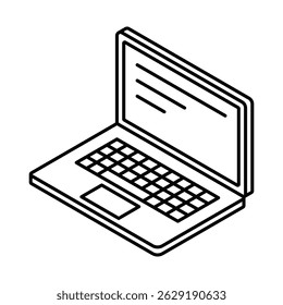 Laptop with open screen and keyboard in angled view. Isometric vector icon. Editable stroke.