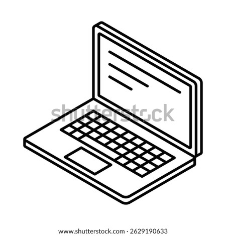 Laptop with open screen and keyboard in angled view. Isometric vector icon. Editable stroke.