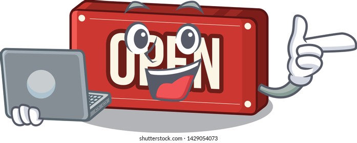 With laptop open sign in the mascot shape