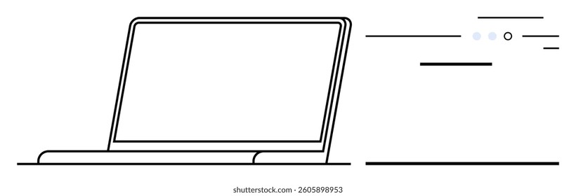 Laptop open at slight angle, with abstract data icons floating nearby. Ideal for technology, business, digital communication, education, remote work, data management, modern workspace. Line metaphor