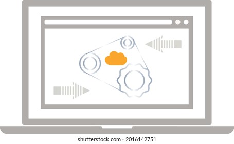 laptop with open web page with gears and drive belt and orange cloud in the middle and streaks with white stripes 