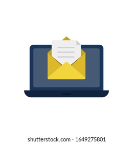 Laptop, open yellow envelope and sheet of paper. Metaphor of inbox email, message coming icon vector illustration isolated on white background 