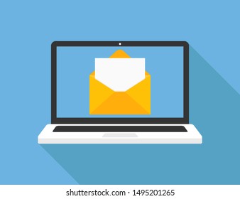 Laptop with opened letter on blue background with shadow. Media concept. New message design in trendy flat style. EPS 10