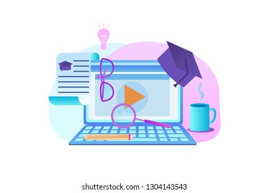 Laptop with Opened Webinar Window. Lightbulb, Graduation Hat, Magnifier, Glasses, Certificate, Pencil, Mug Around. E-learning, Online Education. Flat Vector Illustration Isolated on White Background