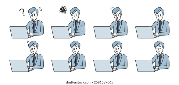 Laptop operating businessman facial expression set