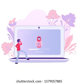 A Laptop With An Operating System Loading Screen With An Image Of A Russian Nesting Doll. The Concept Of An Independent Russian Internet. Russian Software. Vector Illustration.