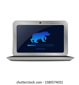 A laptop with an operating system loading screen with a picture of a bear. The concept of an independent Russian Internet. Russian software. Vector illustration.