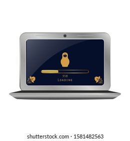 A laptop with an operating system loading screen with an image of a Russian nesting doll. The concept of an independent Russian Internet. Russian software. Vector illustration.