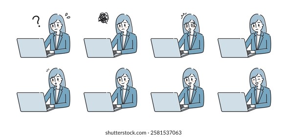 Laptop operation woman facial expression set business