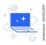 Laptop with orbiting planets sparkles line onboarding ui illustration. Cosmic internet. Cyber space notebook. Universe technology outline blue 2D concept isolated. Monochrome metaphor vector art