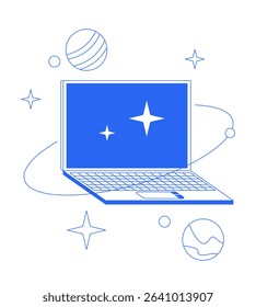 Laptop with orbiting planets sparkles line onboarding ui illustration. Cosmic internet. Cyber space notebook. Universe technology outline blue 2D concept isolated. Monochrome metaphor vector art