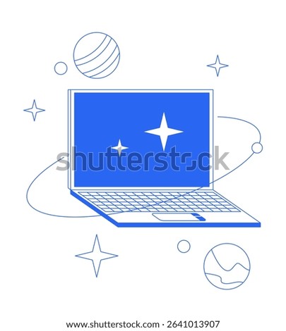 Laptop with orbiting planets sparkles line onboarding ui illustration. Cosmic internet. Cyber space notebook. Universe technology outline blue 2D concept isolated. Monochrome metaphor vector art
