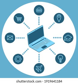 Laptop mit Bestellungen für verschiedene Dienstleistungen im Internet. E-Mail senden, eine Ausbildung erhalten, einkaufen. Vektorisometrische Illustration auf blauem Hintergrund.