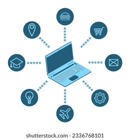 Laptop with orders for various services on the internet. Sending email, getting an education, shopping. Online technology. Vector isometric illustration on white background