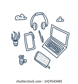 Laptop and other freelance things. Vector illustration.