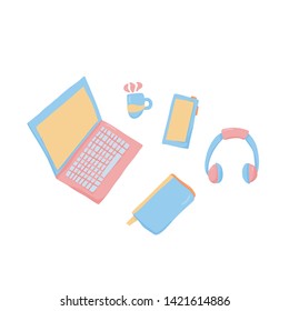 Laptop and other freelance things. Vector illustration.