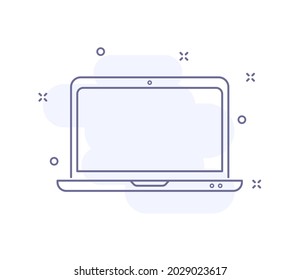 laptop outline vector illustration isolated on white. laptop purple line icon with light pink background and decorations. for web and ui design, mobile apps and print polygraphy