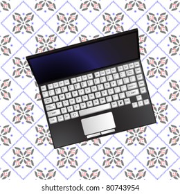 laptop over flowerish texture, abstract vector art illustration; image contains transparency