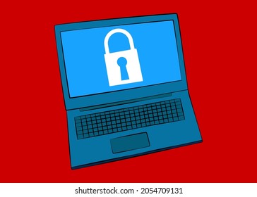 Laptop with a Padlock icon on the screen. Vector cartoon illustration.