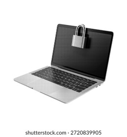 Laptop with padlock on screen in halftone style isolated on white background. Concept of cybersecurity, data protection, privacy, online security, encryption and safe digital access.