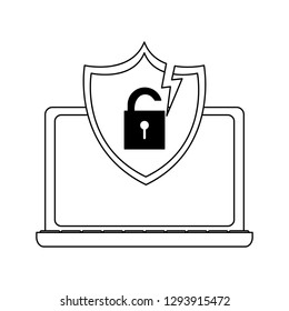 Laptop with padlock on shield in black and white
